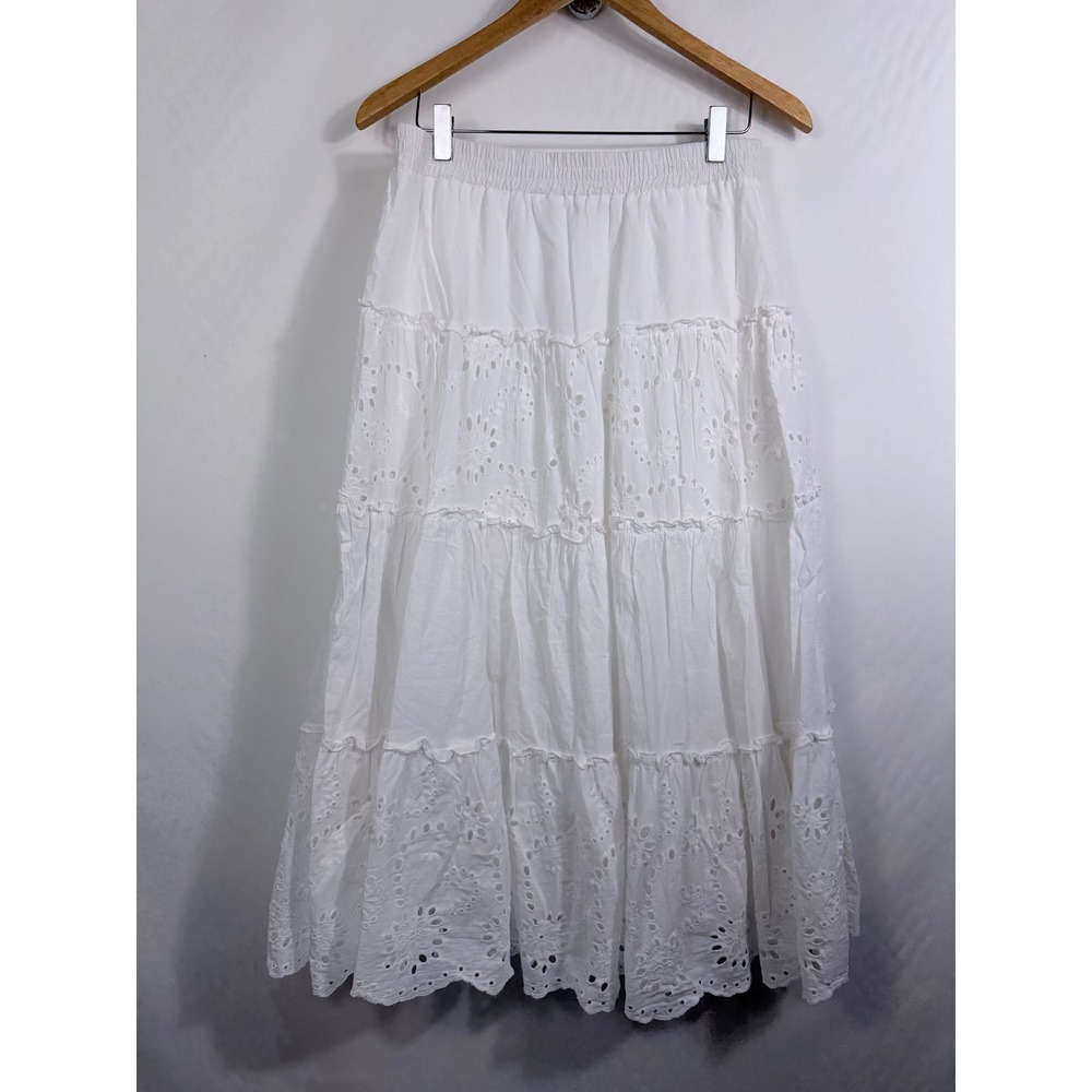 Ultra Pink White Cotton Tiered Eyelet Midi Skirt Medium Boho Floral Lace Summer - Picture 7 of 7